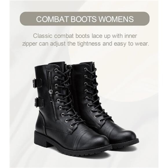 Vepose Women\'s 928 Combat Boots Low Heel, Mid Calf Military Boots with Card